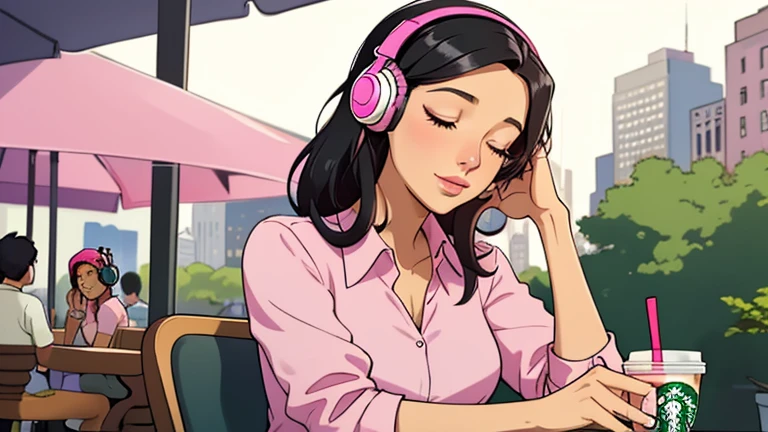 Beautiful woman in her 30s with black hair is sitting with headphones on the cafe terrace. Looking down, eyes closed, LOFI girl, alone in the room, pink blouse, relaxing mood, cozy, only five fingers, new york, Starbucks, colorful, Well-proportioned face