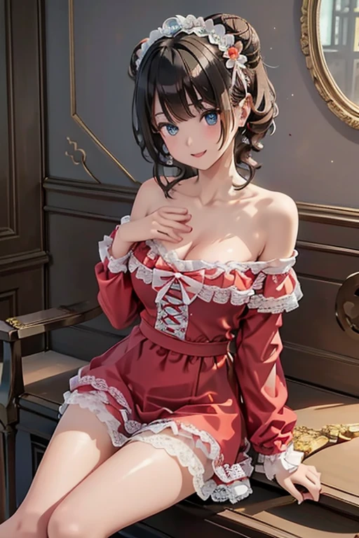 (((Masterpiece))),(((Super Detail))),(((in 8K))),(((best composition))),(((Rim lighting,Fireglow effect,deep shadow))),solo),Beautiful fingers,Detailed finger features,(Detailed hair features:1.7),(Dynamic and sexy bending pose:1.3),detailed facial features,detailed clothes features, (perky chest:1.1), (pointed chest:1.3), delicate beautiful face, Bright blue eyes, cute eyes, sparkling eyes, Big eyes, beautiful detailed eyes,double bun with glittering hair ornament:0.6,(super detailed glossy skin:1.3),slender body,goddess smile,((with sparkling eyes and a contagious smile)),beautiful posture,have a cup of coffee,black hair, red eyes, dress, bare shoulders, jewelry, collarbone, sidelocks, hairband, earrings, indoors, off shoulder, sweater, arms behind back, plant, short hair with long locks, white hairband, off-shoulder dress, sweater dress, off-shoulder sweater, red sweater, big side hair, very long side hair,(super delicate floral pattern:1.2),seductive cleavage:1.3,beautiful glossy legs,shiny red high heels,lifting dishes with cakesd,french restaurant,hustle and bustle,rising steam,(((depth of fields)))