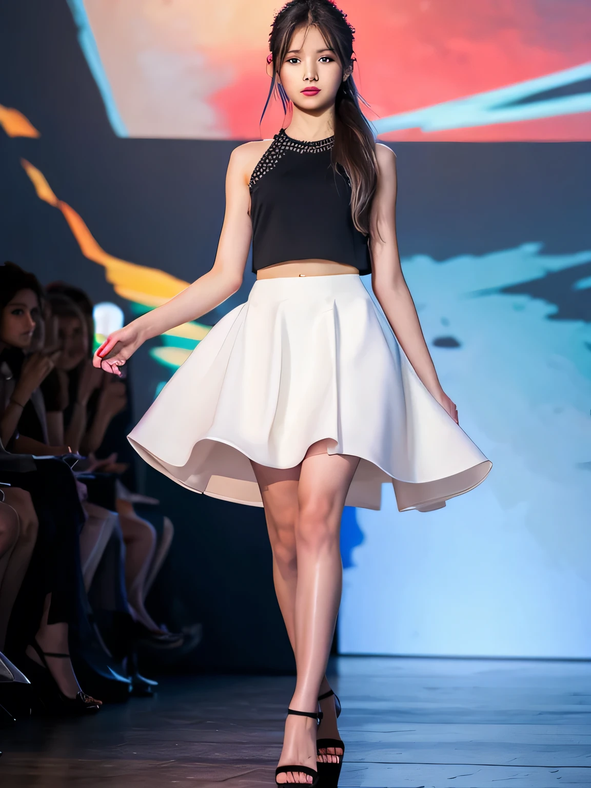 1 girl、long legs,Silver Hair、Dark brown eyes、Shining Eyes、Crop top、mini skirt、Parted lips、1woman wearing trendy clothes, in an abstract oil painting style, fashion show, The painting is ultra-high detailed and has a resolution of 8k, showcasing the best quality and craftsmanship,with a touch of fog, creating a mysterious atmosphere , luminous design, vivit colours,spring lights,Artistic,azure, red, (Bare legs:1.1), (black high heels), black short skirt