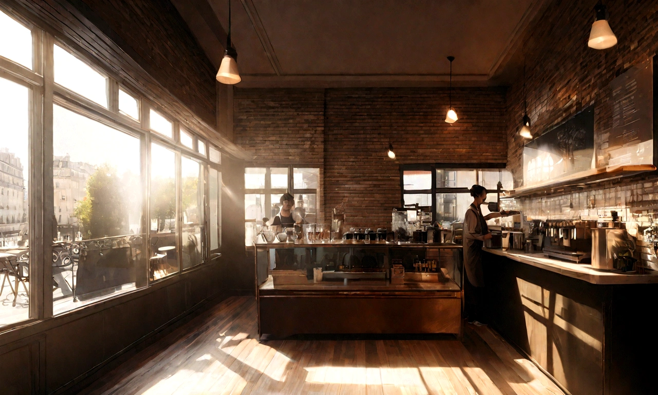 Mood photo for advertising, wide angle shot, shoot from far away, a barista brewing coffee at the coffee bar, cafe in paris, morning sunshine from window, photorealistic, wideshot