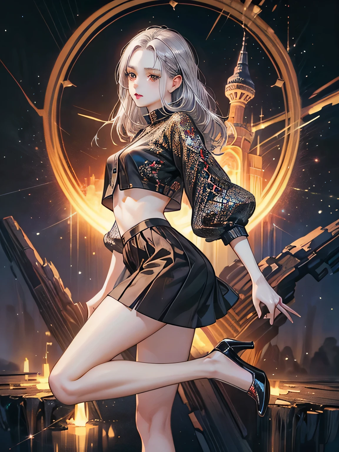 (dark brown eyes:1.2),1 girl、long legs,Silver Hair、Dark brown eyes、Shining Eyes、Crop top、mini skirt、Parted lips、1woman wearing trendy clothes, in an abstract oil painting style, fashion show, The painting is ultra-high detailed and has a resolution of 8k, showcasing the best quality and craftsmanship,with a touch of fog, creating a mysterious atmosphere , luminous design, vivit colours,spring lights,Artistic,azure, red, (Bare legs:1.1), (black high heels), black short skirt