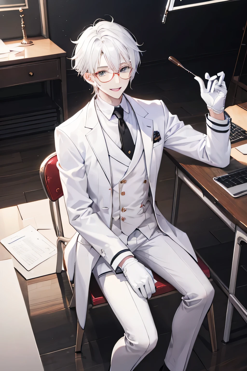 A young male, Asian Face, Smile maliciously, Handsome,white hair, Rose gold glasses,Wearing a white coat, white leather gloves, Sitting at a desk,Back to camera,panoramic,The camera looks up