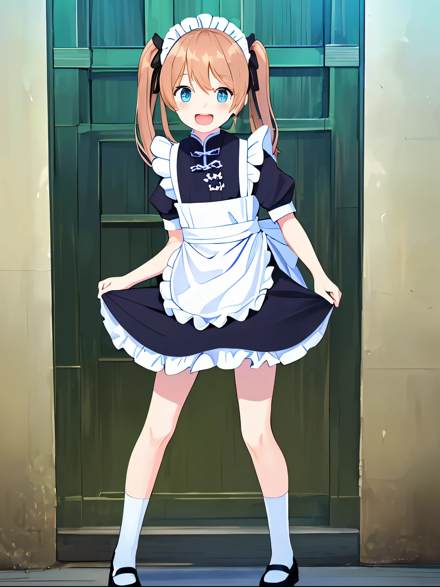 (masterpiece:1.2), best quality, highres, original, (extremely detailed:1.2), ultra-detailed, wallpaper, perfect lighting,(extremely detailed CG:1.2), 8k, anime illustration, 1boy, solo, cute, kawaii, crossdressing, (twin tails, light-blue eyes, flat chest, open the mouth, laughing, happy:1.2), (Chinese-style maid outfit, apron, ruffles hemline, knee-length dress:1.3), standing in front of the camera, frontal, looking at viewer, (anatomically correct:1.5), outdoor, full body