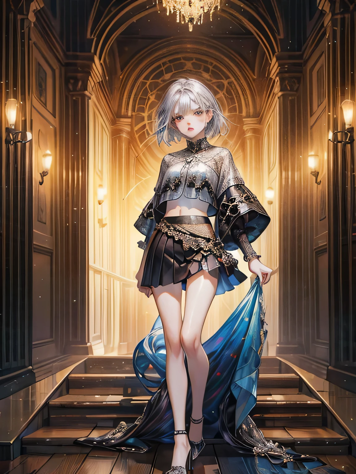(dark brown eyes:1.2),1 girl、long legs,Silver Hair、Dark brown eyes、Shining Eyes、Crop top、mini skirt、Parted lips、1woman wearing trendy clothes, in an abstract oil painting style, fashion show, The painting is ultra-high detailed and has a resolution of 8k, showcasing the best quality and craftsmanship,with a touch of fog, creating a mysterious atmosphere , luminous design, vivit colours,spring lights,Artistic,azure, red, (Bare legs:1.1), (black high heels), black short skirt