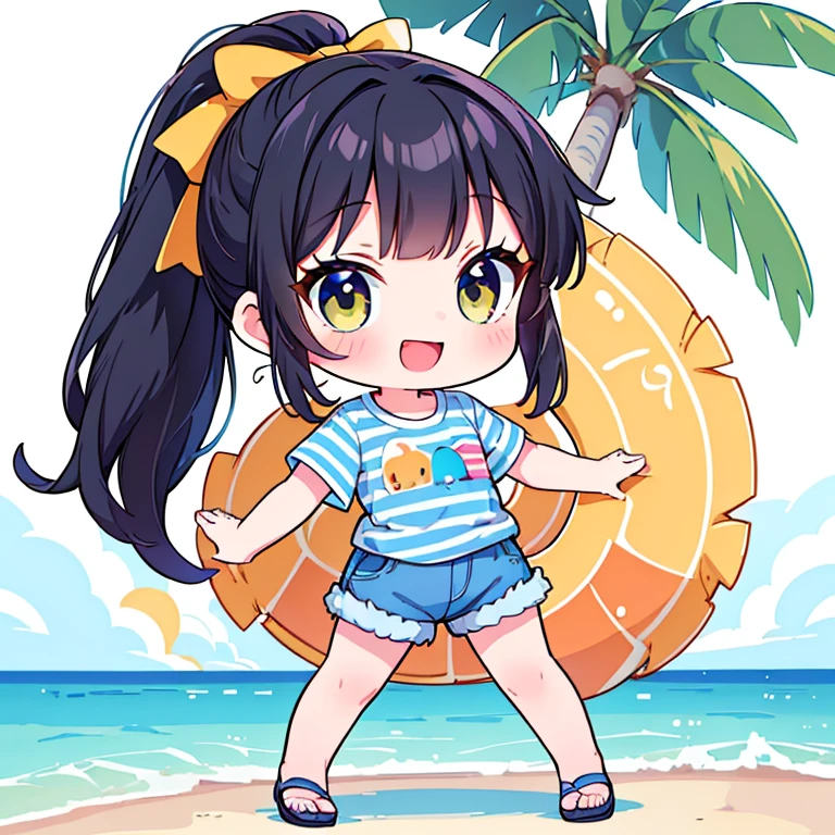 ((highest quality)), ((masterpiece)), (detailed), Perfect Face, anime, Ultra-fine illustration, ((1 person)), ((Chibi Character)), Cute girl, (Open your mouth:1.3), smile, ((Marine Striped T-shirt)), Denim shorts, Sandals, Black hair ponytail, Full Body Shot, (Tropical Beach:1.2), Palm tree, sun,