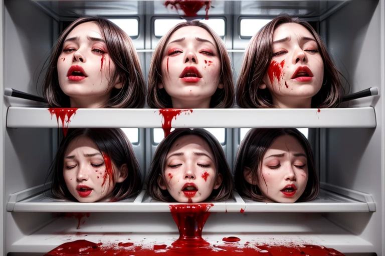 Several decapitated heads of beautiful women, in the fridge, ?????????????, ((eyes closed)), bleeding, photorealistic, 4K, Nikon, horror