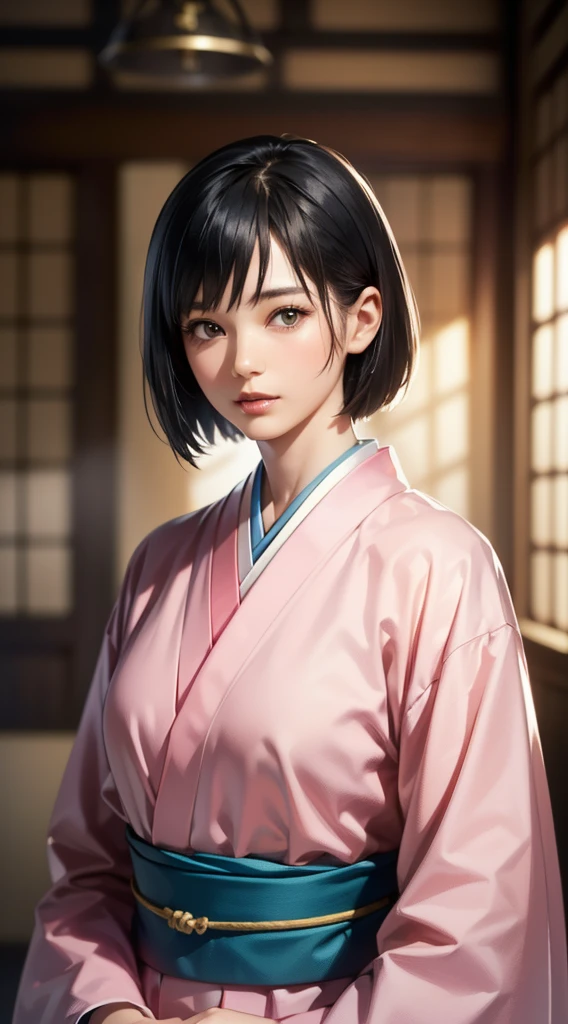 (Realistic)、(Realistic:1.2)、(High resolution)、Very detailed、Very beautiful face and eyes、1 girl、Delicate body、(highest quality、Attention to detail、Rich skin detail)、(highest quality、8k、Oil paint:1.2)、Very detailed、(Realistic、Realistic:1.37)、Bright colors、Full Body Shot,black_hair, Beautiful 8k eyes,Looking_in_Audience,One person in,Are standing,((Very beautiful woman, Fuller lips, Japanese pintern kimono))、((Colorful Japanese kimono)))、(((blackhair)))、(((Blunt bung，short hair)))、((( Inside an old Japanese house with a (short focus :1.4),)))、(masterpiece, highest quality, highest quality, Official Art, beautifully、aesthetic:1.2),(Fractal Art:1.3),Sengoku period、Greg Rutkowski Written by Alphonse Mucha Ropp,short ,uchikake,nishijin ori,(realistic light and shadow), (real and delicate background),(muted colors, dim colors, soothing tones:1.3), low saturation, (hyperdetailed:1.2), (noir:0.4),drow,blurry_light_background, (vibrant color:1.2), cinematic lighting, ambient lighting,Single Shot,Shallow Focus,pink lip,blurry light background,