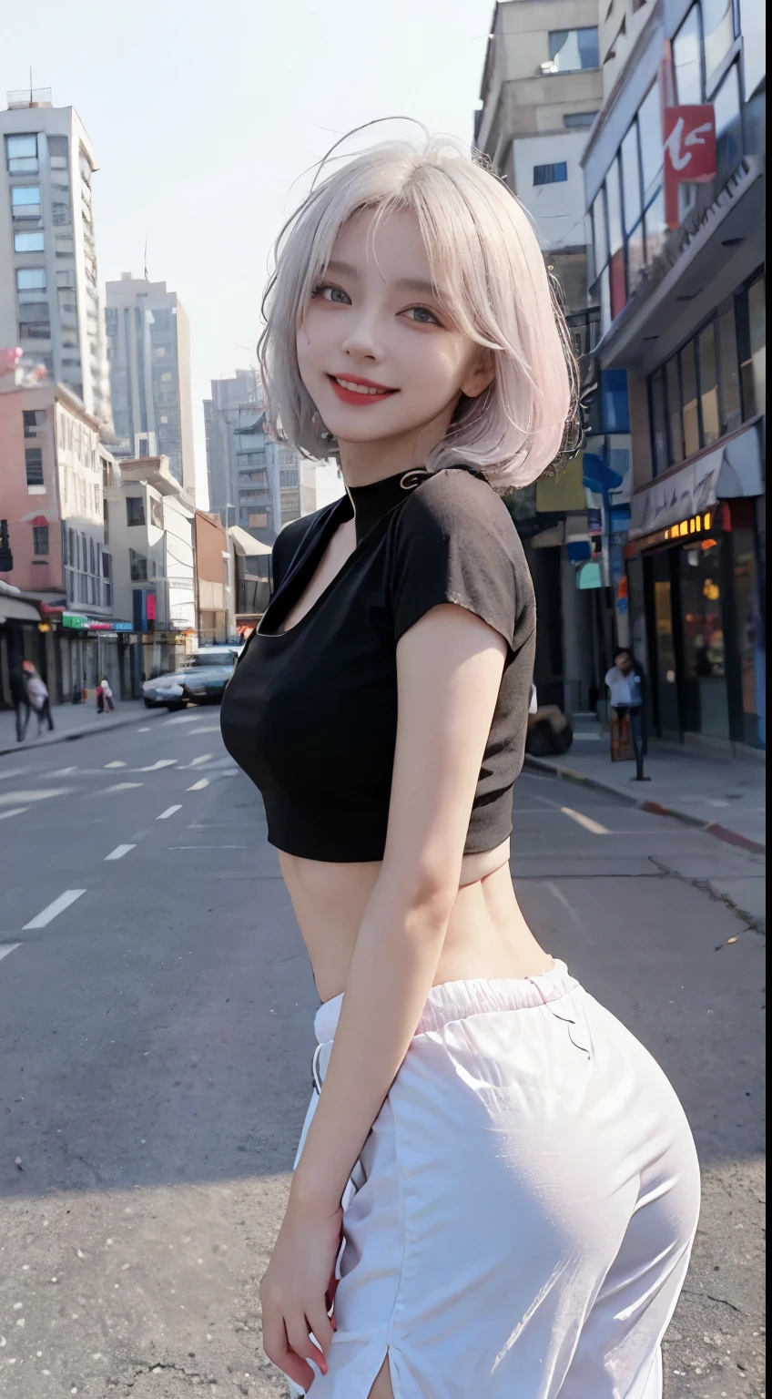 Best image quality、RAW Photos、超A high resolution、21 years old Korean、Small breasts、Dynamic Angle、Cowboy Shot、Chaos in its most beautiful form、elegant、Brutalist Design、Vibrant colors、Beautiful white hair、Short Bob、smile、fun、smile、Glowing White Skin、Beautiful eyes with random colors、Very thin lips、Beautiful eyes in every detail、 Narrow eyes、Cheeks are pale pink、Eyelash length、Beautiful double eyelids、eye shadow、Bright white hair、Black crop top、Lightweight see-through jacket、Transparent Top、Harem pants、city、Cafe、Shooting from the rear、turn around、The wind is blowing、Hair fluttering、Hand gestures