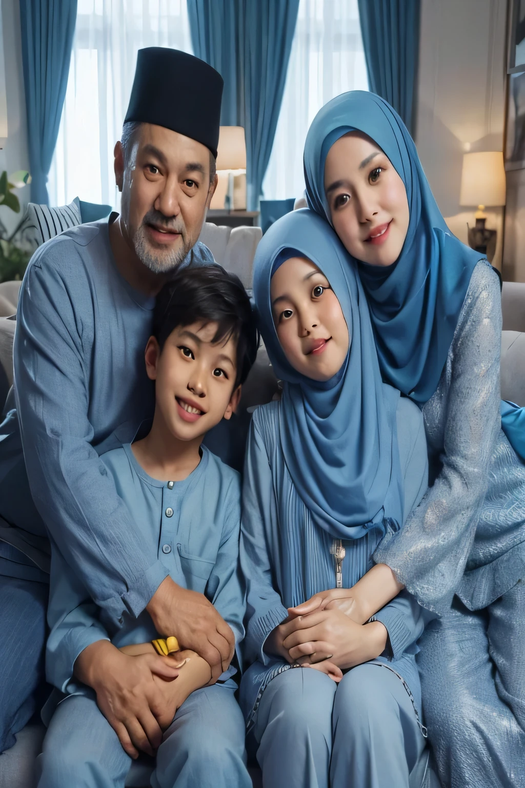 Make a friendly close up photo style,four members, one Indonesian MAN aged 40 years, chubby, one WOMAN aged 40 years, chubby, wearing a hijab, a girl , and a boy aged 8 years, they aaring blue colored Muslim koko clothes The latest blue tunic , wearing a hijab, sitting on the sofa, embracing each other, comfortable and happy, in a luxurious living room, luxury home studio background. details. fresh colors, blue lighting