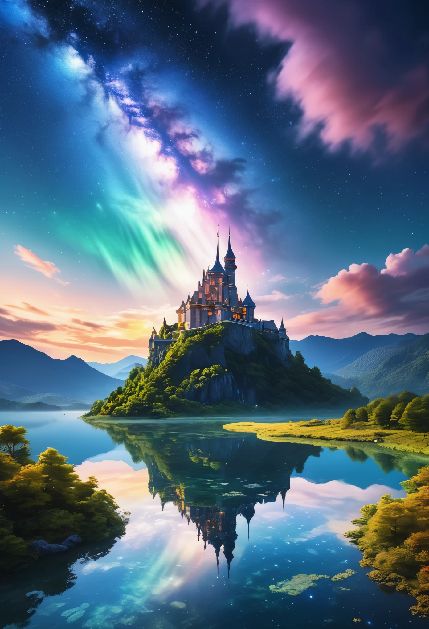 (8k, highest quality, masterpiece, final fantasy style: 1.2), (unRealistic, photoRealistic: 1.37), Dreamy landscape, Fantasy, Unsurreal landscapes, Super detailed, Flying medieval castle, Floating Island in the Sky, Seven-colored swirl of light, (流星のMr.に空を舞う光り輝く尾の長い小鳥:1.3), Aurora, Intense lightning, milky way, Complex Light, Mr.々Colored light, Large Lake, Starry sky reflected on the lake surface, Countless shining stars, Meteors, Many meteors, Aura of, (A pillar of light emanated from the ground:1,2), 複雑な文Mr.の魔法陣