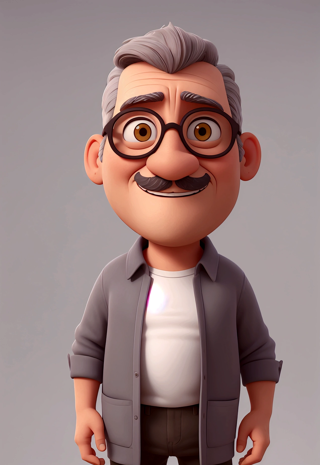 Crea un personaje al estilo Pixar. This is a 50 year old man., con gafas gris oscuro , , con pelo ligeramente gris y corto casi calvo , y ojos marrones. Debe estar fen un mostrador de un minimarjet, trabajar como vendedor