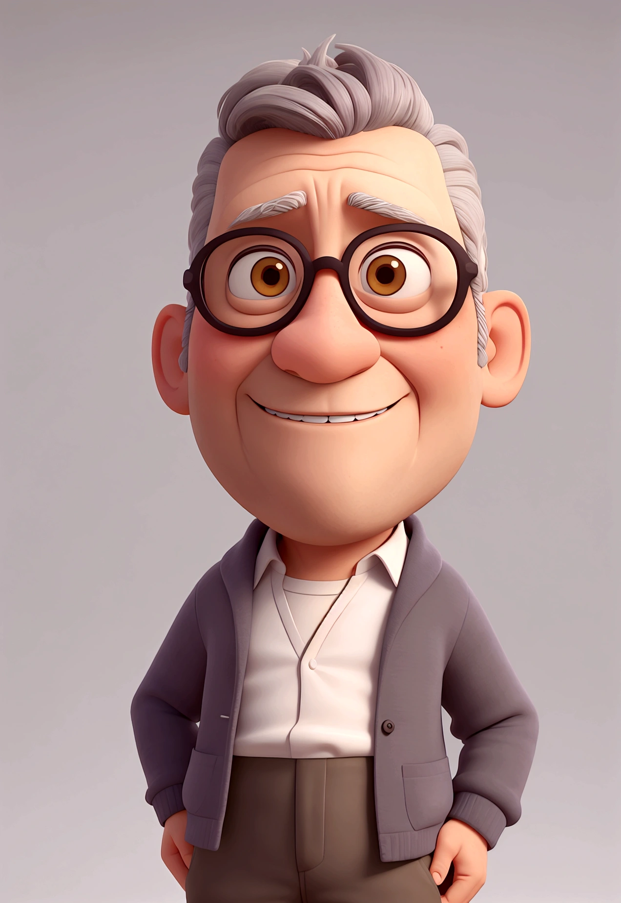 Crea un personaje al estilo Pixar. This is a 50 year old man., con gafas gris oscuro , , con pelo ligeramente gris y corto casi calvo , y ojos marrones. Debe estar fen un mostrador de un minimarjet, trabajar como vendedor