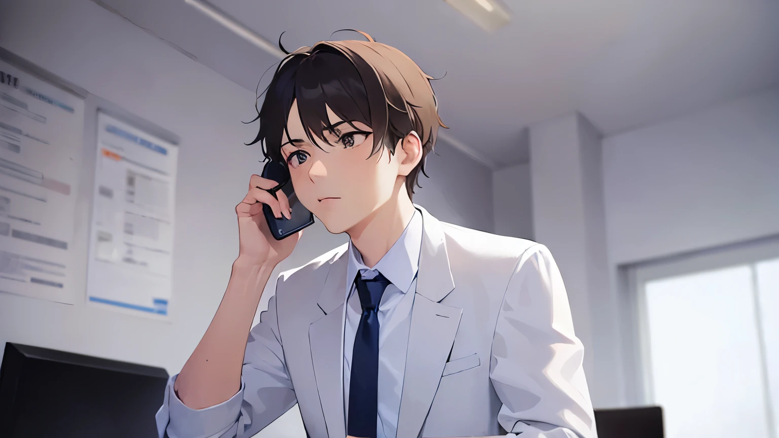 (looking away:1.5),Making a phone call、upper body、masterpiece、highest quality、BREAK (25-year-old male:1.5) and (brown short hair) and (Green Eyes) BREAK (suit:1.5) and (Blue tie)、Sitting、Serious expression, Background is an office room、alone、Upper body is shown