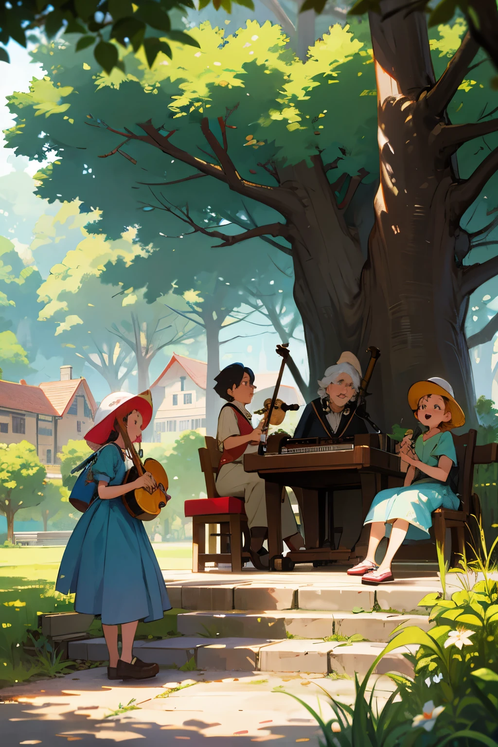 Animated scene of vibrant children playing and running amok, clad in diverse colors, their laughter echoing through the tranquil village. Villagers lounge on benches, engaging in heartfelt conversations, their laughter intertwining with the children's raucous delight. A gathering of enchanting musicians gracefully tunes their instruments, preparing to enchant the village during the upcoming festivities. Elders share timeless stories under the protective shade of a majestic, grand old oak, their expressions filled with wisdom and fond memories. The scene, captured in stunning 8K resolution, boasts the pixel-perfect clarity reminiscent of the beloved Disney style, ensuring a mesmerizing full HD