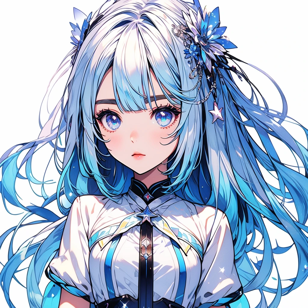 Star Fairy、Shiny Hair 、Vtuber Half、Bangs shorter than eyebrows Aster Piece、highest quality、Best illustrations、Super quality、Upper Body、alone、1 girl、Looking into the camera、upright、Place your arms at your sides、Beautiful and delicate eyes、Concept Art、From the front、White Background、Simple Background、Droopy and large eyes、Ultra-fine mesh、Sparkling eyes Silky white and blue gradient long hair、Short sleeve、water colored pencils、Kind Face、Virtual YouTuber、