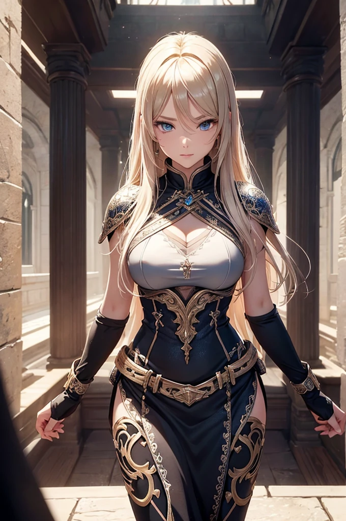 놀랍도록 beautiful 여성 성직자, blonde hair, blue eyes, fair skin, Silver Battle-worn Breastplate Armor, standing in the holy temple, sun rays for her, Godrei,beautiful D&D Character Portrait, beautiful Face, ominous, dark fantasy, Fiverr Dnd Characters, octane rendering, digital art, extreme detail, 4K, Ultra HD, elegant, beautiful, very detailed, convoluted, elaborate, Meticulous, realistic, sharp focus, WLOP, character design, Unreal Engine, 3d rendering, volumetric lighting, reflect, Polish, digital illustration, Sensual pose, Suggestive poses, full body shot, 💖❤💕💋❣