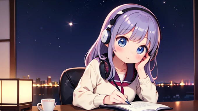 Beautiful girl studying in her room while listening to music with headphones Warm lighting Beautiful night view Japanese anime style