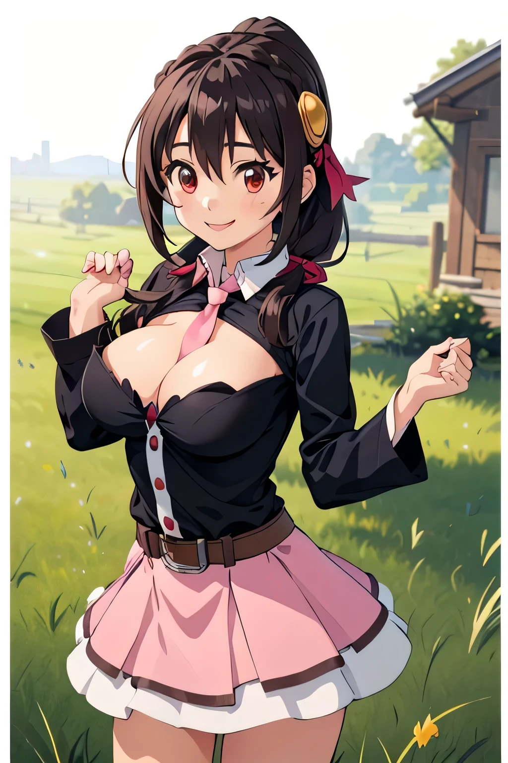 (masterpiece, highest quality), One girl, Yunyun,Long Hair,(ponytail:1.5),Hair between the eyes,Hair Ribbon,hair ornaments,large round breasts,、Pink Skirt、Red Eyes、smile、grass、Crown Blade,Black Shirt, Long sleeve,Pink tie, belt, Cleavage cutout、cowboy shot
