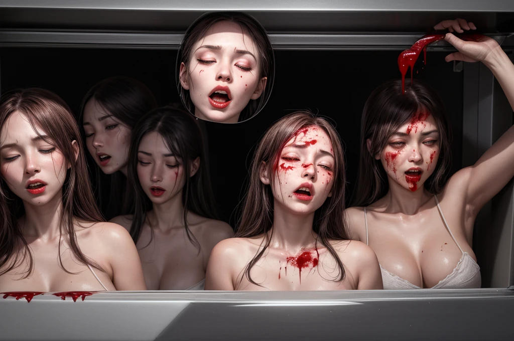 Several decapitated heads of beautiful young girl, in the fridge, full of blood, ((eyes closed)), bleeding, photorealistic, 4K, Nikon,
