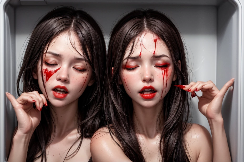 Several decapitated heads of beautiful women, in the fridge, full of blood, ((eyes closed)), bleeding, photorealistic, 4K, Nikon, horror