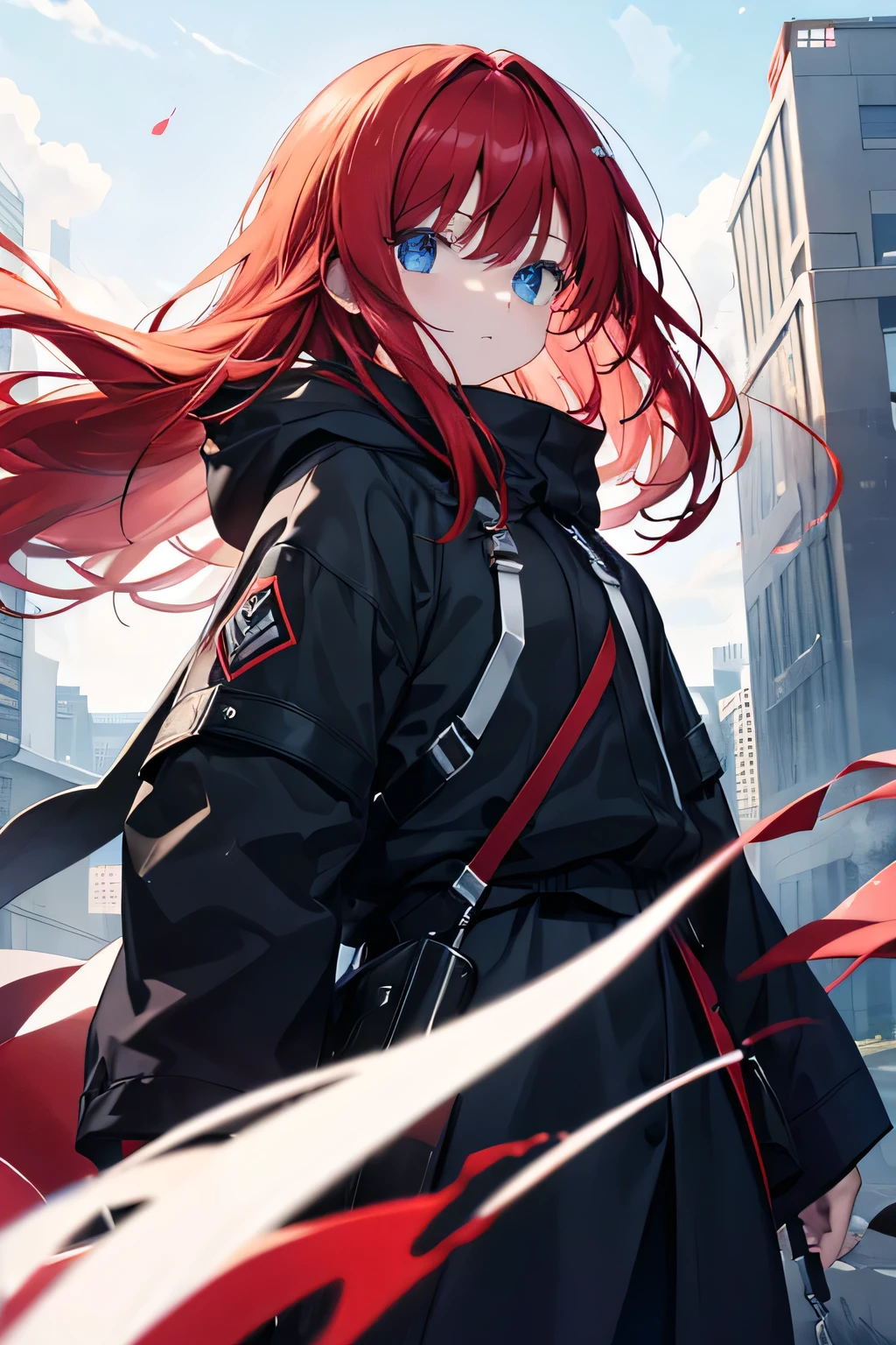 Red Hair、Long Hair、Black clothes、I'm wearing a hood、Looking sideways、blue eyes、The wind is blowing、wilderness