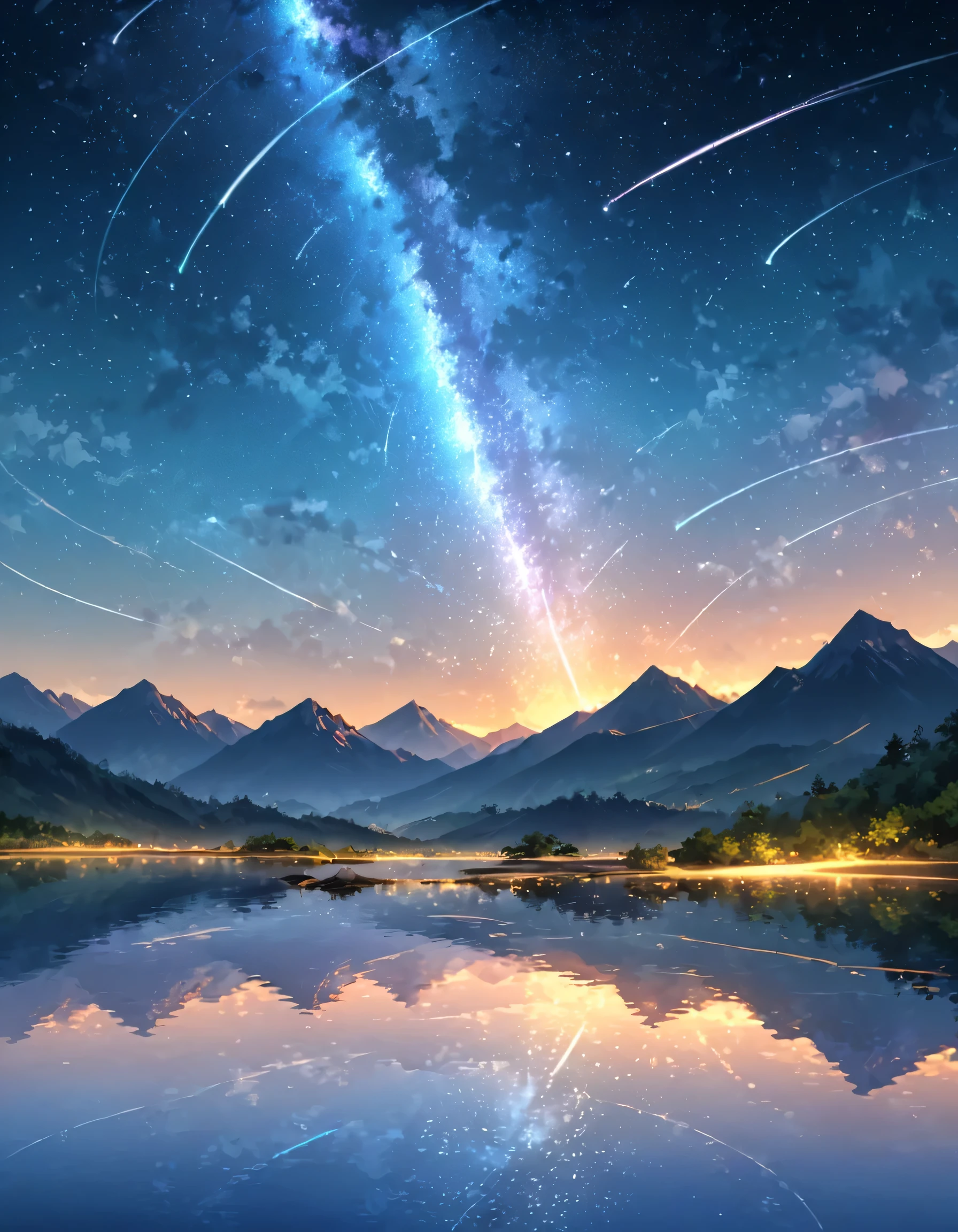 Vast Sky: Showcasing the vastness of the night sky, Make sure the stars or shooting stars take up a large part of the composition., Dynamic shooting star: Capture the movement and energy of a shooting star as it moves across the sky, Creating a sense of movement and wonder., Serene landscape: Consider adding tranquil scenery, Distant mountains and calm waters, Enhances a sense of peace and serenity.