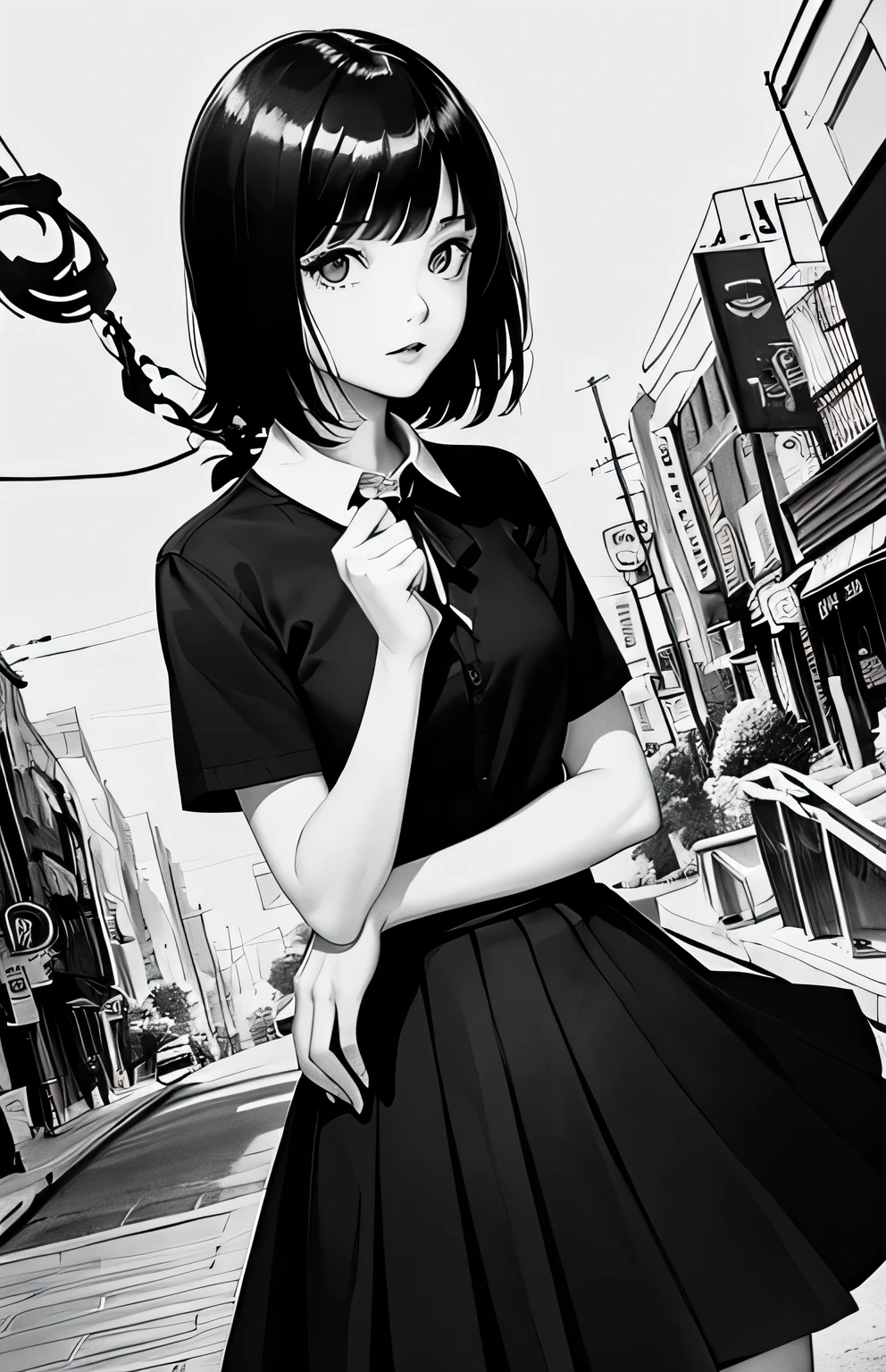 (Noir comic style illustration:1.2),(Black and White_High Contrast),One Girl,Line art,Monochrome,sketch,Pencil drawing,Traditional Media,One Girl,skirt,Short sleeve、Are standing, (Cute Teenage Girls, alone),Beautiful portrait、Delicate body、Respect、Sketch Book、Black Hair,Beautiful Landscape,sketch,