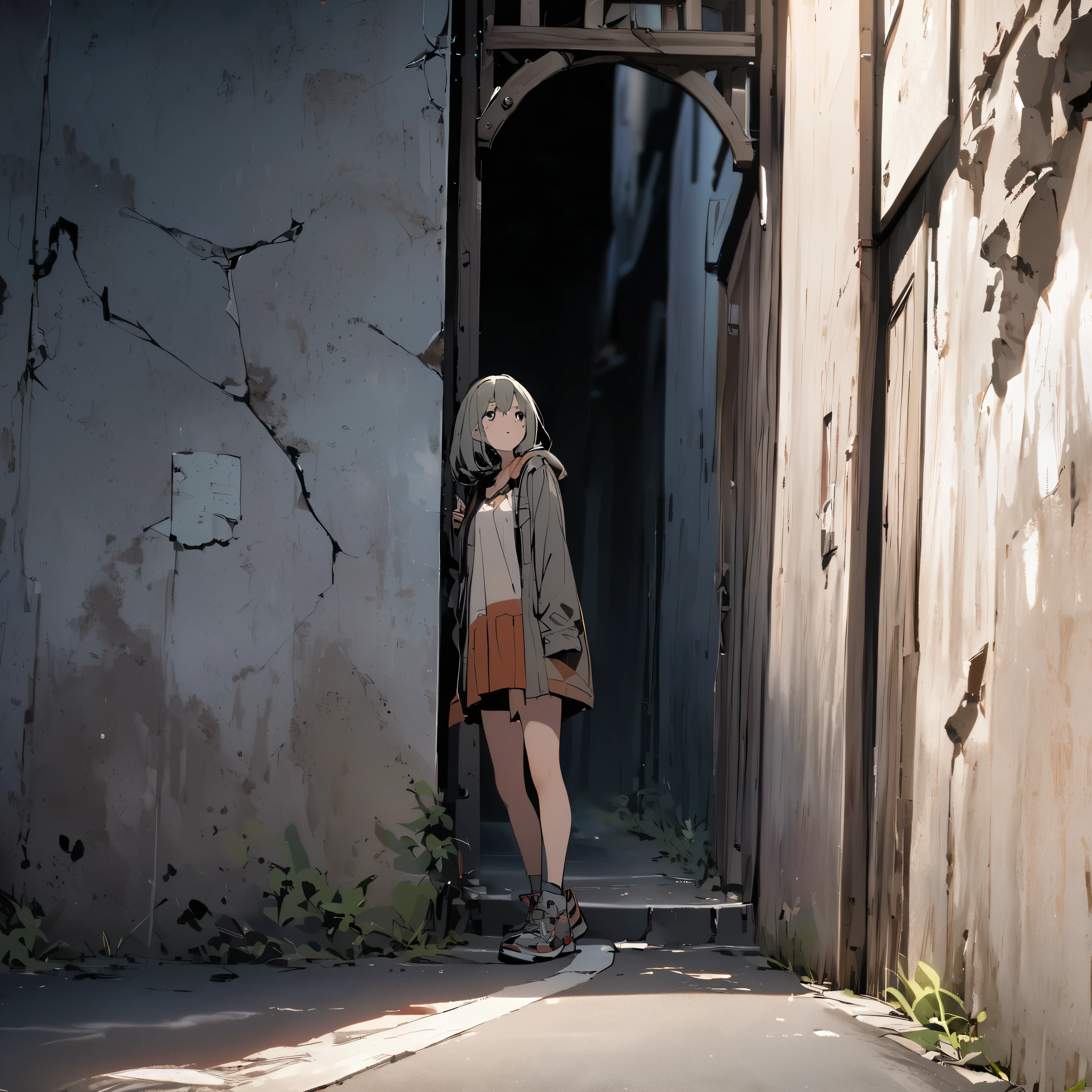 a girl on road standing near the wall