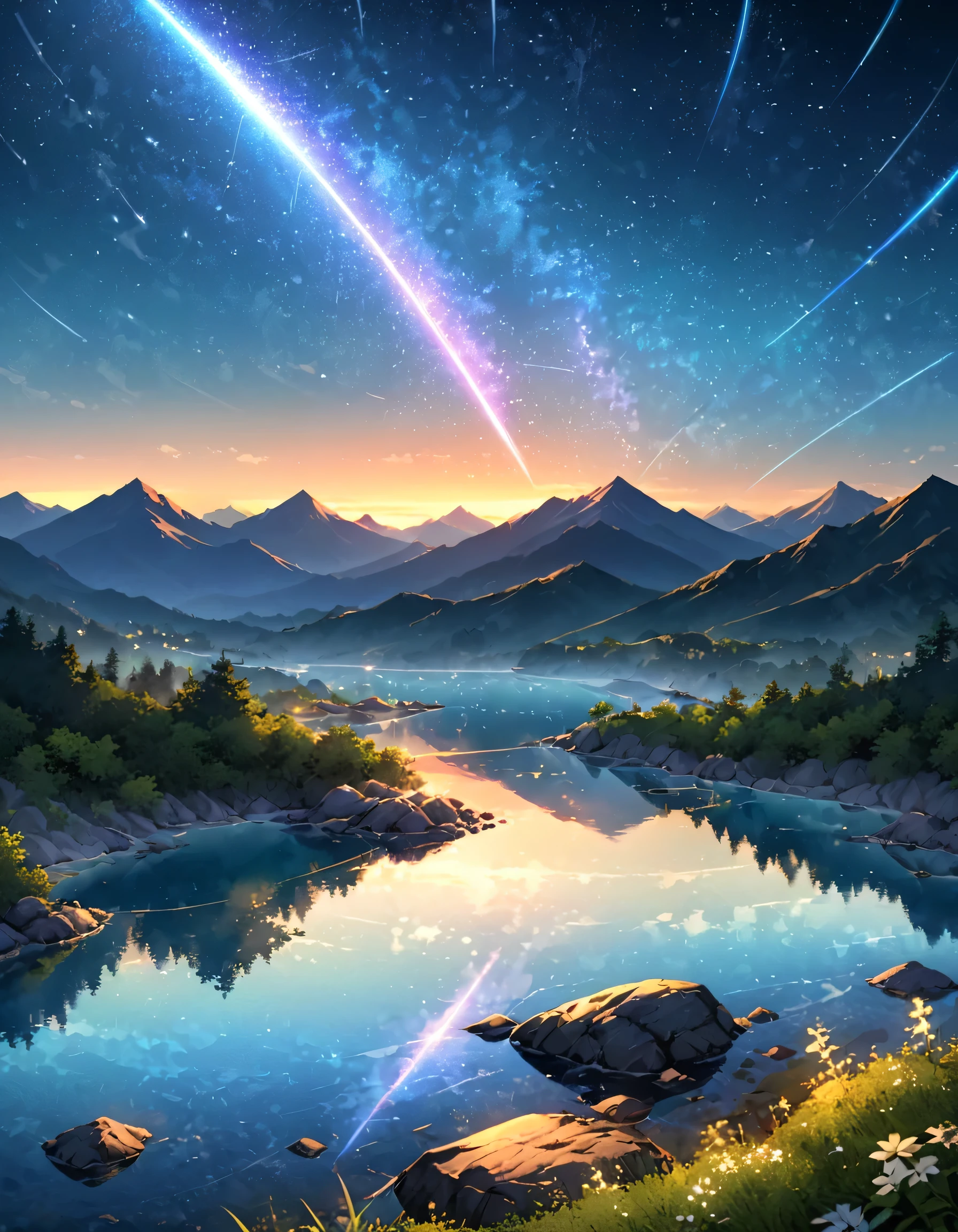Vast Sky: Showcasing the vastness of the night sky, Make sure the stars or shooting stars take up a large part of the composition., Dynamic shooting star: Capture the movement and energy of a shooting star as it moves across the sky, Creating a sense of movement and wonder., Serene landscape: Consider adding tranquil scenery, Distant mountains and calm waters, Enhances a sense of peace and serenity.  