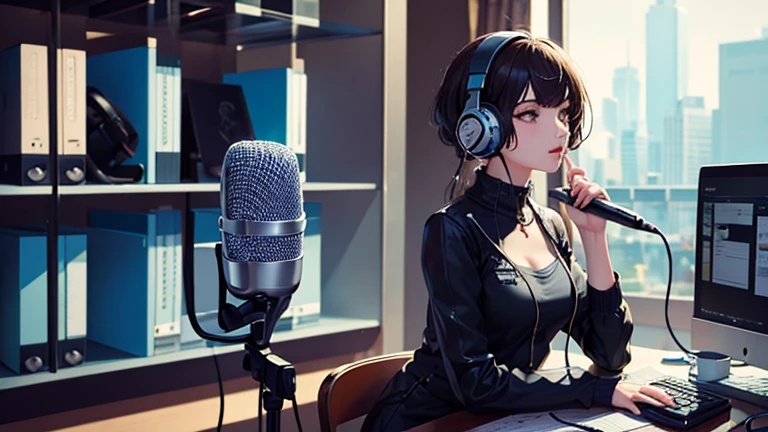 masterpiece, highest quality, Super detailed, figure,, Recreation booth, , microphone, Headphones, cable, microphone, microphone stand,