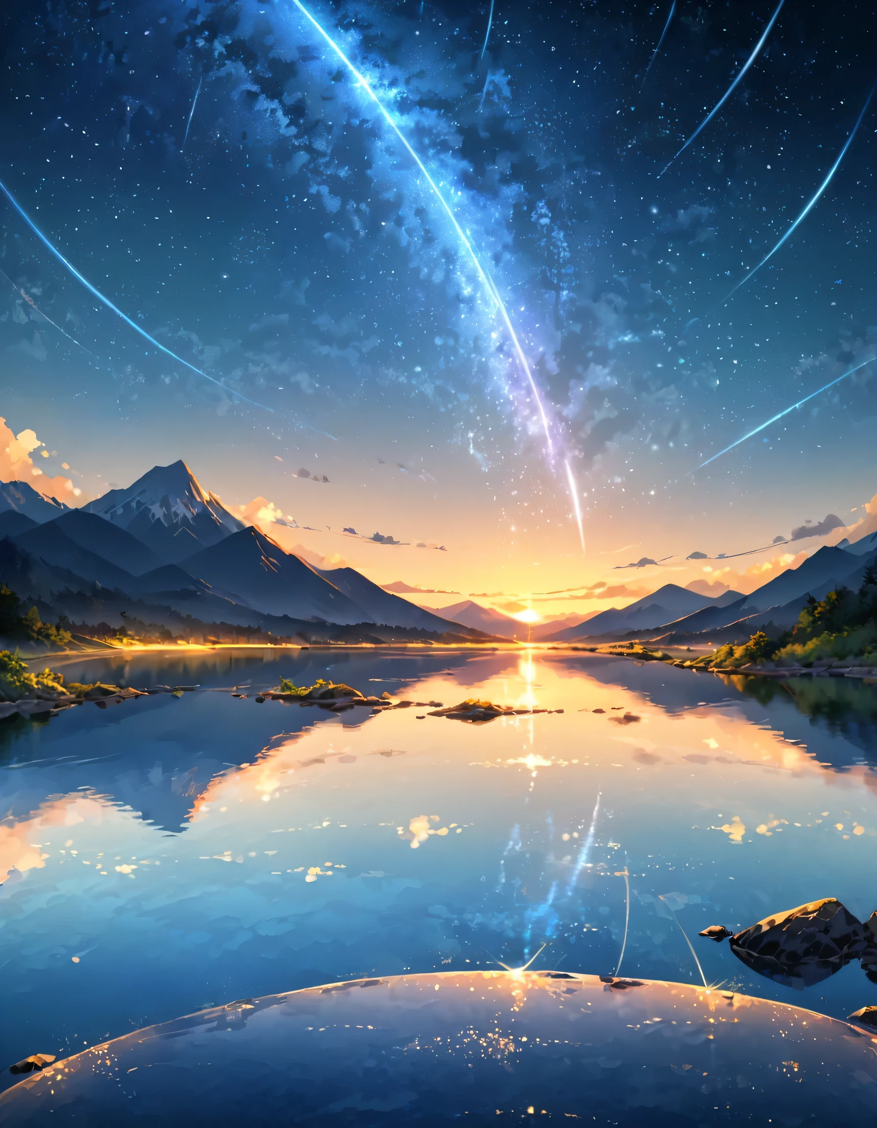 Vast Sky: Showcasing the vastness of the night sky, Make sure the stars or shooting stars take up a large part of the composition., Dynamic shooting star: Capture the movement and energy of a shooting star as it moves across the sky, Creating a sense of movement and wonder., Serene landscape: Consider adding tranquil scenery, Distant mountains and calm waters, Enhances a sense of peace and serenity.