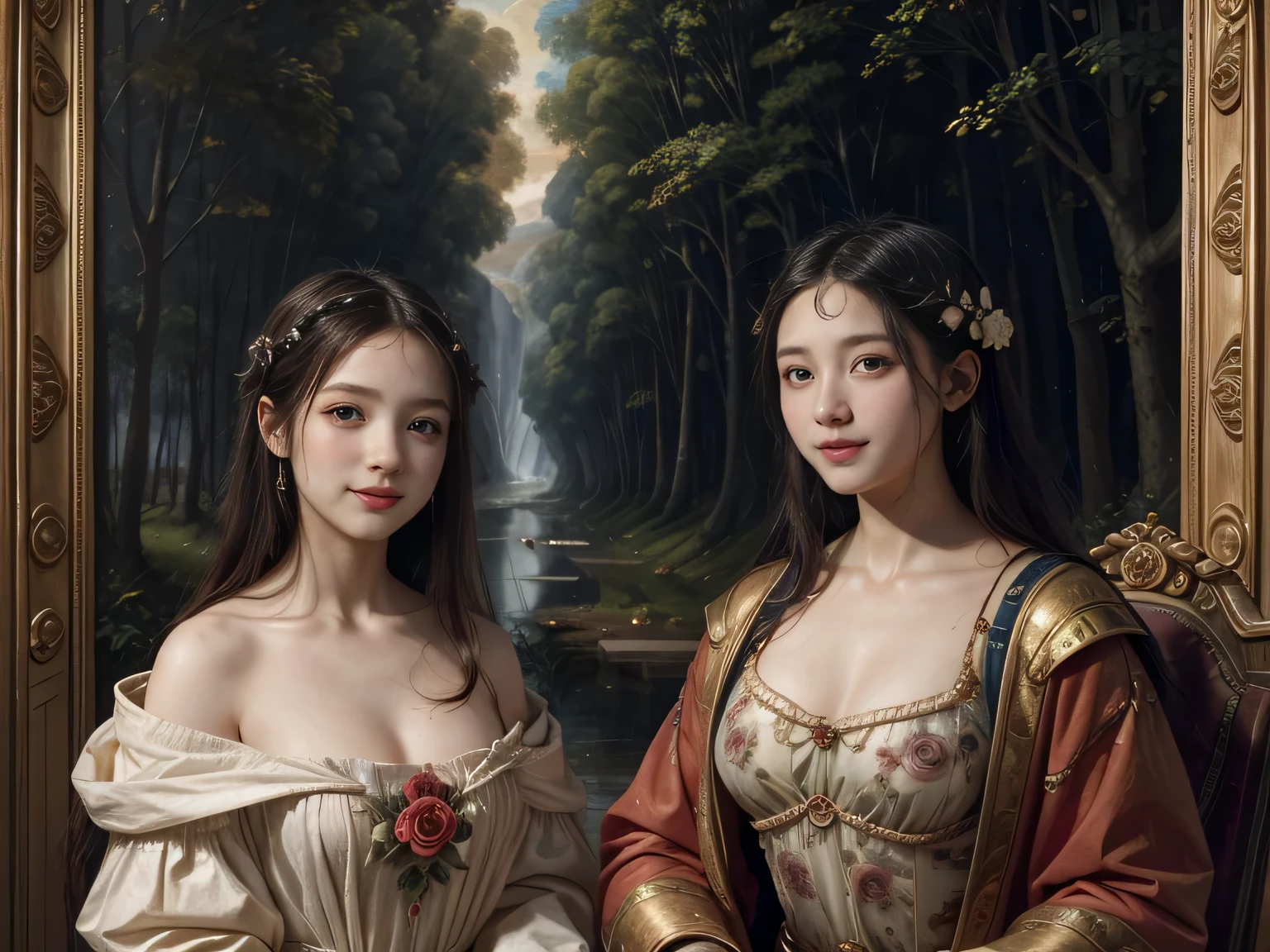 Giorgione painting style,Arguments of two female Philosophe,math、astronomical machine、astronaut、roses in vase、fruits、Cute trinkets、smile、ancient greek costume、Background is a forest lake at night 、Clothes that stretch your shoulders、A big smile、beautiful bare skin、A detailed representation of the seducing woman throughout her body.