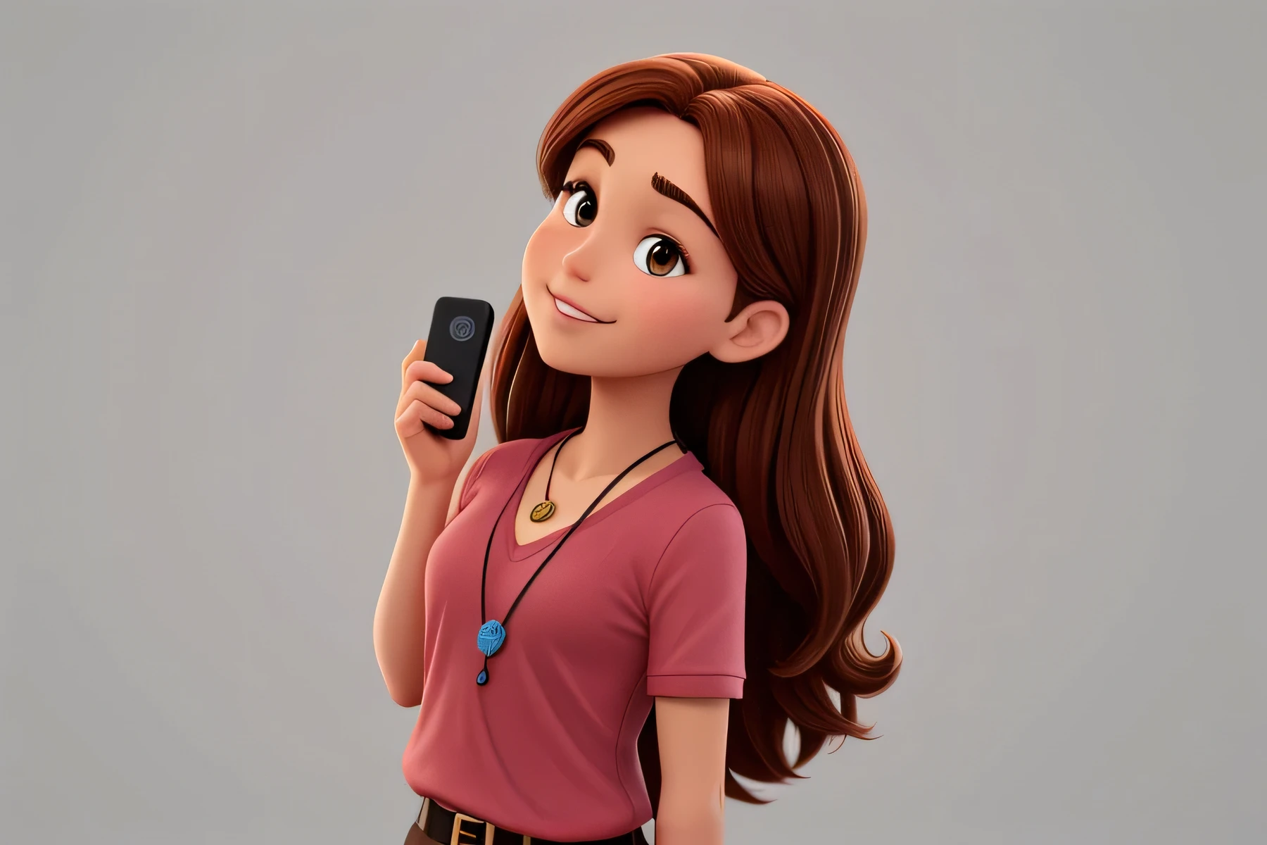 A 30-year-old woman, with brown hair, round face, small cheeks, charming smile, and brown eyes, with a virgin necklace, holding a cell phone to her ear, white background