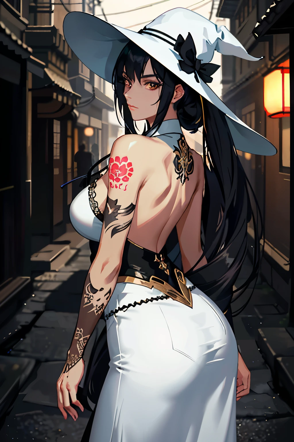 exquisite Japanese woman, adorned with intricate tattoos on back and arms, Dark, rich skin tone, luscious black hair styled in a sleek manner, striking brown eyes, captivating beauty, detailed anime style, shimmering shadows enhancing the artwork, strong, vibrant colors, decked in a white hat and white jeans, dressed casually yet exuding an air of mystery, standing in a dimly lit, hidden alley, donning sunglasses that hide her expression, viewed from behind, an aura of the mafia surrounds her presence. Ultra-detailed, 4K resolution, HDR lighting, professionally rendered with ultra-fine painting, physically-