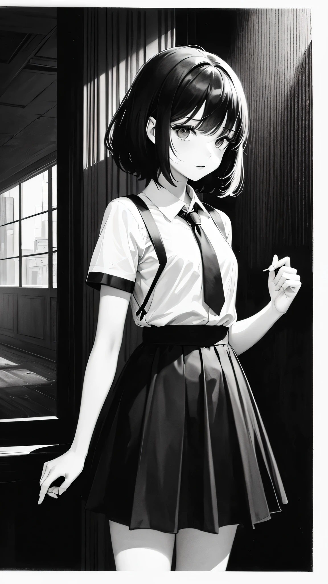 (Noir comic style illustration:1.2),(Black and White_High Contrast),One Girl,Line art,Monochrome,sketch,Pencil drawing,Traditional Media,One Girl,skirt,Short sleeve、Are standing, (Cute Teenage Girls, alone),Beautiful portrait、Delicate body、Respect、Sketch Book、Black Hair,Beautiful Landscape,sketch,