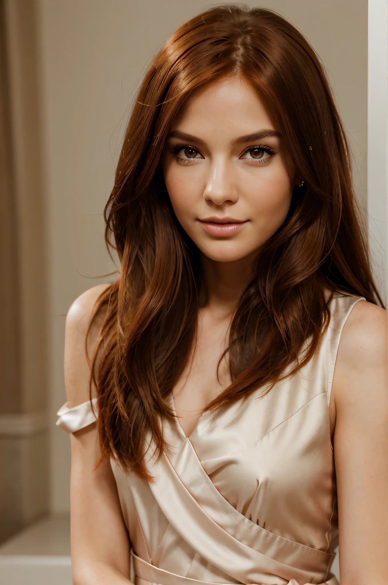 "Create a  girl model featuring the following attributes: long, half-red hair, and brown eyes. The character should stand at a height of 6 feet and wear an elegant, beautifully designed dress. Ensure the character has noticeable dimples on their face, adding a touch of charm to their overall appearance. The model should reflect a balance of sophistication and realistic detail in both facial features and attire.", 8k, highres, best quality, award winning, high quality