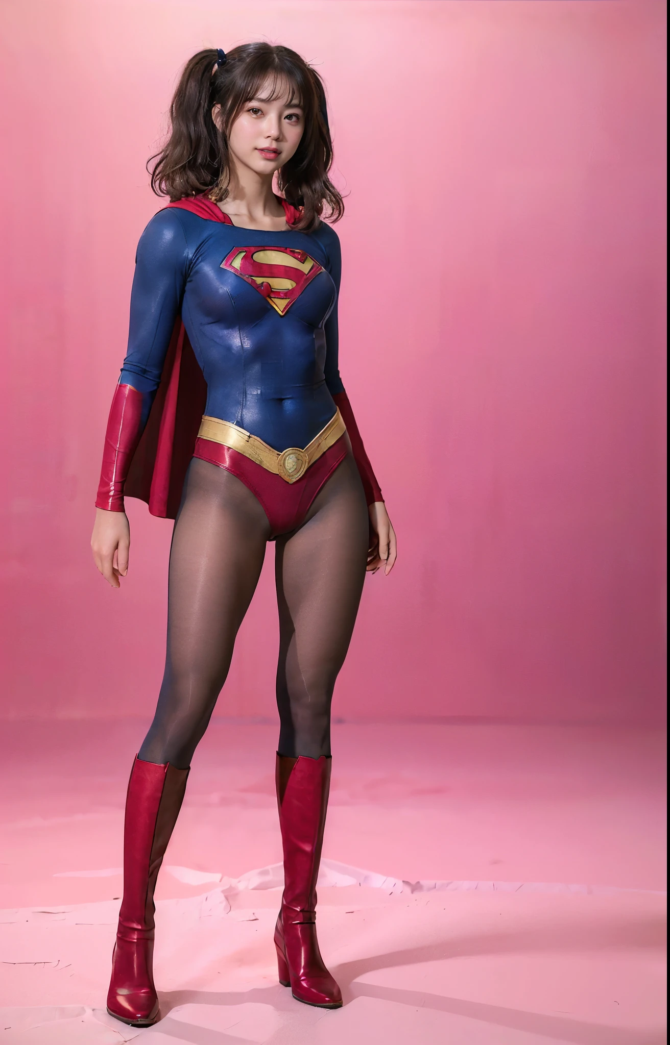No background、(((Beautiful legs in black tights.)))、(((Legally express the beauty of your smile)))、((((Make the most of your original images)))、(((体にぴったりフィットするSupergirl Costume)))、(((Supergirl Costume)))、(((Beautiful twin tail hairstyle)))、(((She is winking cutely.)))、(((Please wear black tights....、Wear red boots)))、((Best image quality、8k))、((highest quality、8k、masterpiece:1.3))、(((Preserve background )))、Sharp focus:1.2、Beautiful woman with perfect figure:1.4、Slim Abs:1.2、Wet body:1.5、Highly detailed face and skin texture、8k