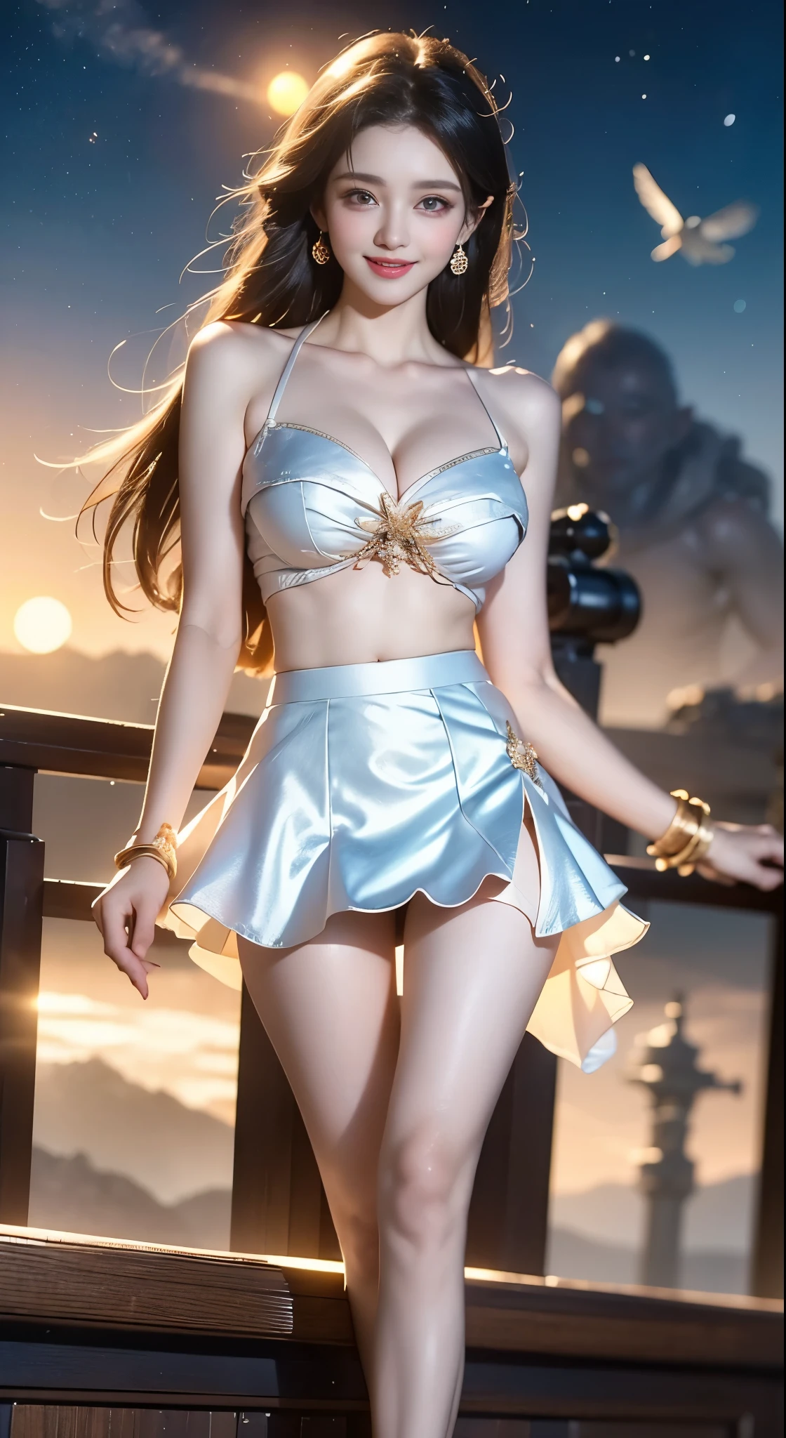 Highest image quality, 8K quality, masterpiece, Two busty women standing side by side, Super big breasts compressed with clothes, Whitening skin, shining blue eyes, ,net neck mini dress, above the knee, Skirtliftv1, (Beautiful butt sticking out:1.4), Super big breasts straight ahead composition, (white panties), (beautiful ass)