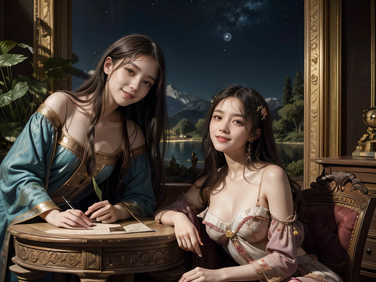 Giorgione painting style,Arguments of two female Philosophe,math、astronomical machine、astronaut、roses in vase、fruits、Cute trinkets、smile、ancient greek costume、Background is a forest lake at night 、Clothes that stretch your shoulders、A big smile、beautiful ?????????、A detailed representation of the seducing woman throughout her body.