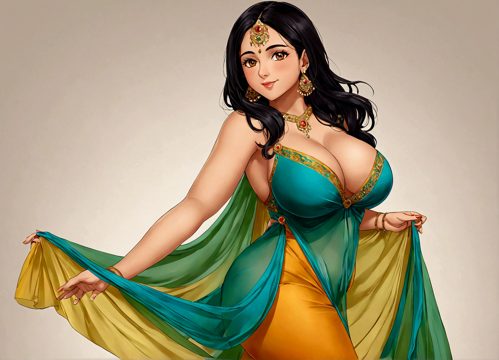 A lovely Indian woman (age 25, athletic, very full breasts natural sag, wide hips, big butt, colorful translucent dress made of sheer silk cloths), happy, flirting, enjoying herself
