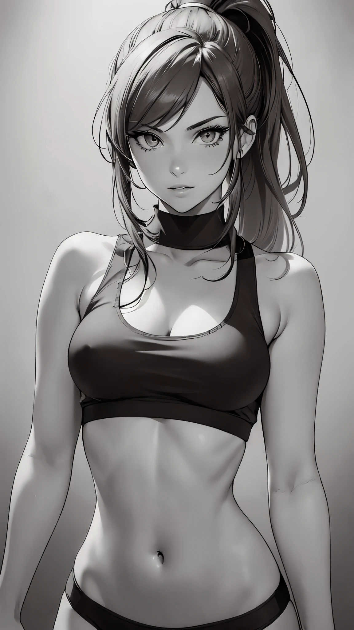 ((highest quality)),(Ultra-high resolution),(Very detailed),(Detailed Description),((The best CG)),(A masterpiece),Ultra-detailed art,Amazing drawing art,(Art with precise details:1.5),((Monochrome:1.7), (Woman wearing a cropped tank top:1.6),(Beautiful and well-proportioned face:1.4),(ponytail:1.5),(Slim abdomen:1.4)