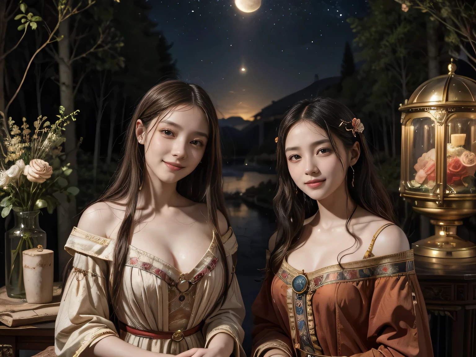 Giorgione painting style,Arguments of two female Philosophe,math、astronomical machine、astronaut、roses in vase、fruits、Cute trinkets、smile、ancient greek costume、Background is a forest lake at night 、Clothes that stretch your shoulders、A big smile、beautiful bare skin、A detailed representation of the seducing woman throughout her body.