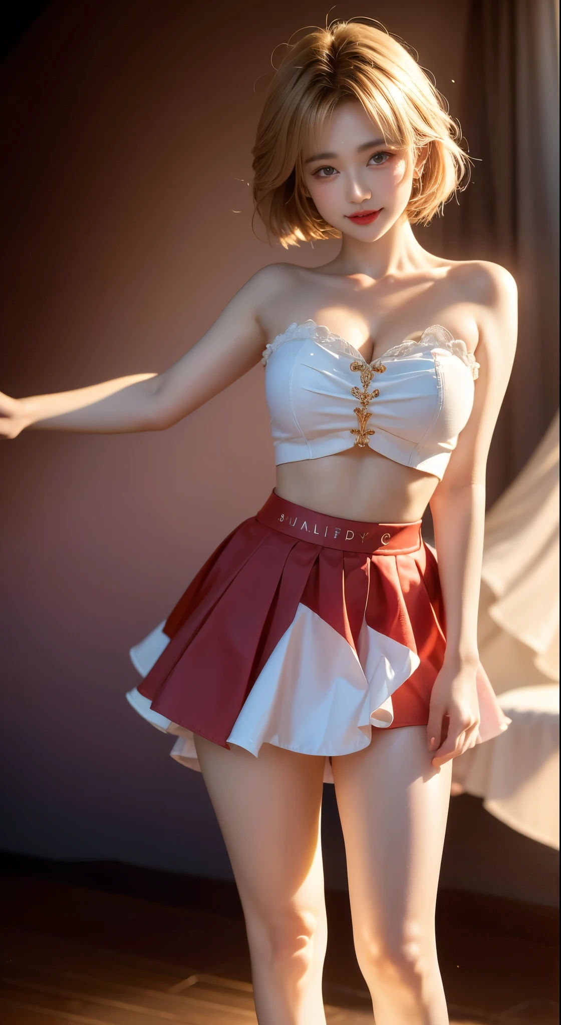 Tsikyo,  ((Bare shoulders)), ((Full breasts)), ((Very big breasts)), ((The skirt is very short)), ((Very beautiful legs)), ((Standing)), ((cowboy shot)), actual, Fashion Girl, red lips, Mature women, Exquisite makeup, big eyes, beautiful, (best quality, masterpiece:1.2), Super detailed, (actual:1.37), ((Random Scenes, Random shooting angle)), Young and energetic, Charming model, (Exquisite eyes, delicate lips), Show a bright smile, Create stunning girl images, warm color, Extremely saturated colors, Official Art, Extremely detailed CG, Unity 8k Wallpaper, (High Dynamic Range :1.4), (Movie atmosphere),(Soft colors), (Natural skin texture, ultra-actual, Soft Light, sharp),(Very detailed), night, moonlight, ((Correct Legs)), ((Anatomically correct))