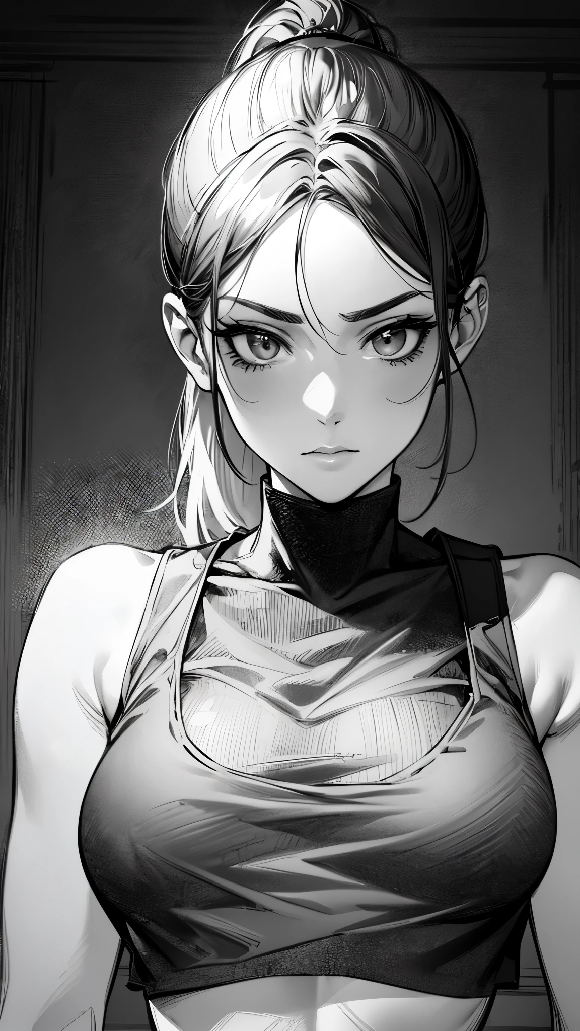 ((highest quality)),(Ultra-high resolution),(Very detailed),(Detailed Description),((The best CG)),(A masterpiece),Ultra-detailed art,Amazing drawing art,(Art with precise details:1.5),((Monochrome:1.7), (Woman wearing a cropped tank top:1.6),(Beautiful and well-proportioned face:1.4),(ponytail:1.5),(Slim abdomen:1.4)