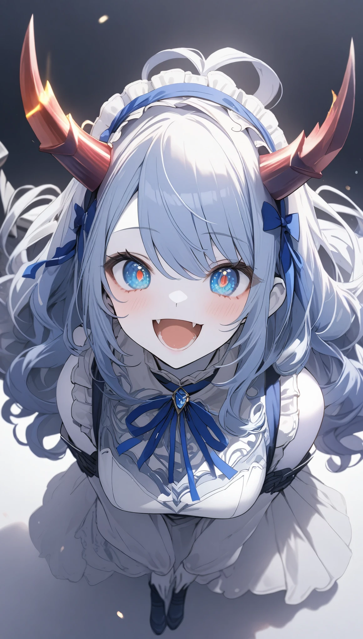 score_9, score_8_up, score_7_up, best quality ,masterpiece, 4k, Japanese anime, 1girl, (white skin:1.2), navy blue hair, medium length hair, blue ribbon, drill hair, wavy hair, (mechanical dragonhorn:1.5), (mechanical wing:1.2), (eye lashes:1.3), (eye shadow:1.3), blue eyes, (beautiful detailed eyes:1.4), laugh, 130cm tall, original character, fantasy, (black background:1.2), (full body:1.8), beautiful fingers, standing, (blue black lace frill armor dress:1.5), (mechanical headdress:1.5) , shoot from front, looking at viewer ,