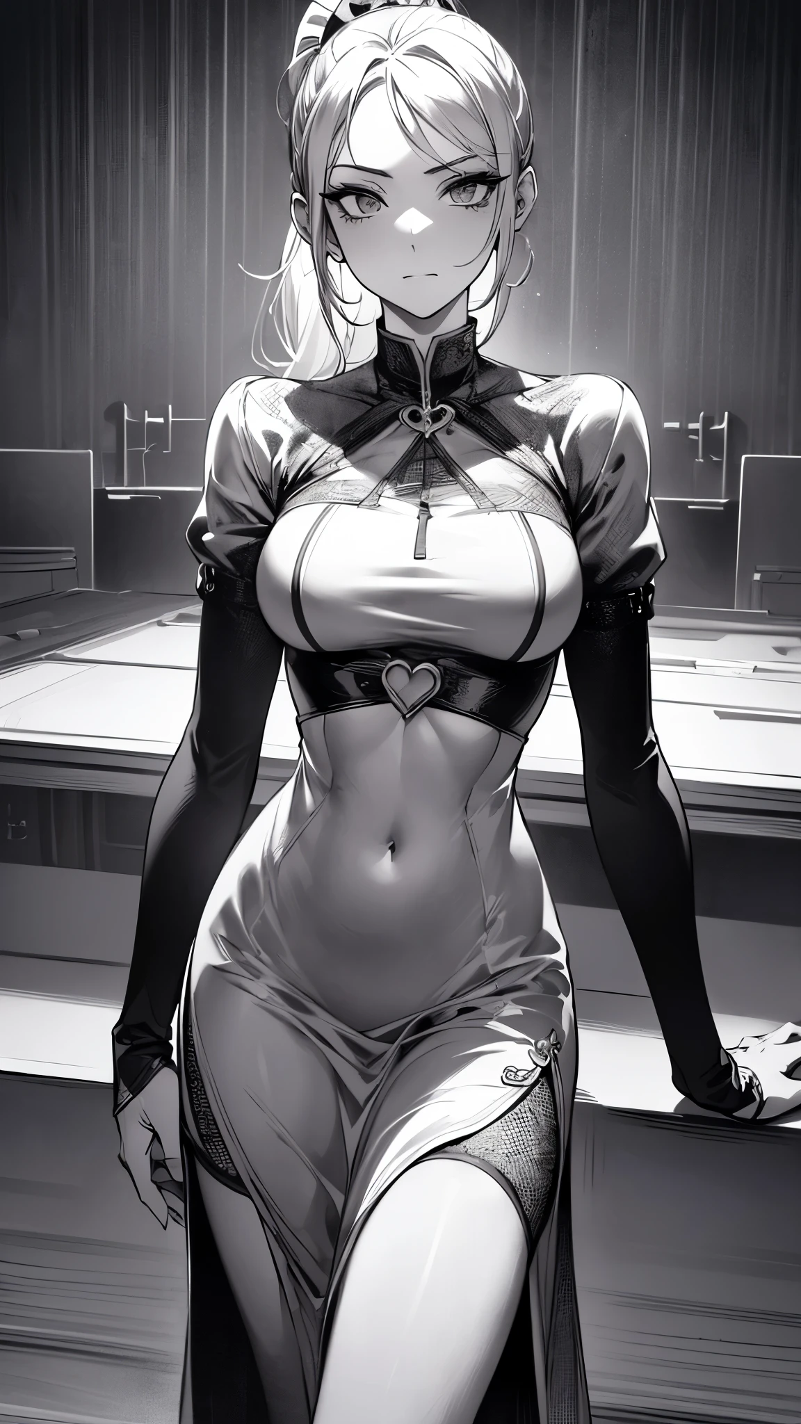 ((highest quality)),(Ultra-high resolution),(Very detailed),(Detailed Description),((The best CG)),(A masterpiece),Ultra-detailed art,Amazing drawing art,(Art with precise details:1.5),((Monochrome:1.7), (Woman wearing a cropped dress:1.6),(Beautiful and well-proportioned face:1.4),(ponytail:1.5),(Slim abdomen:1.4)
