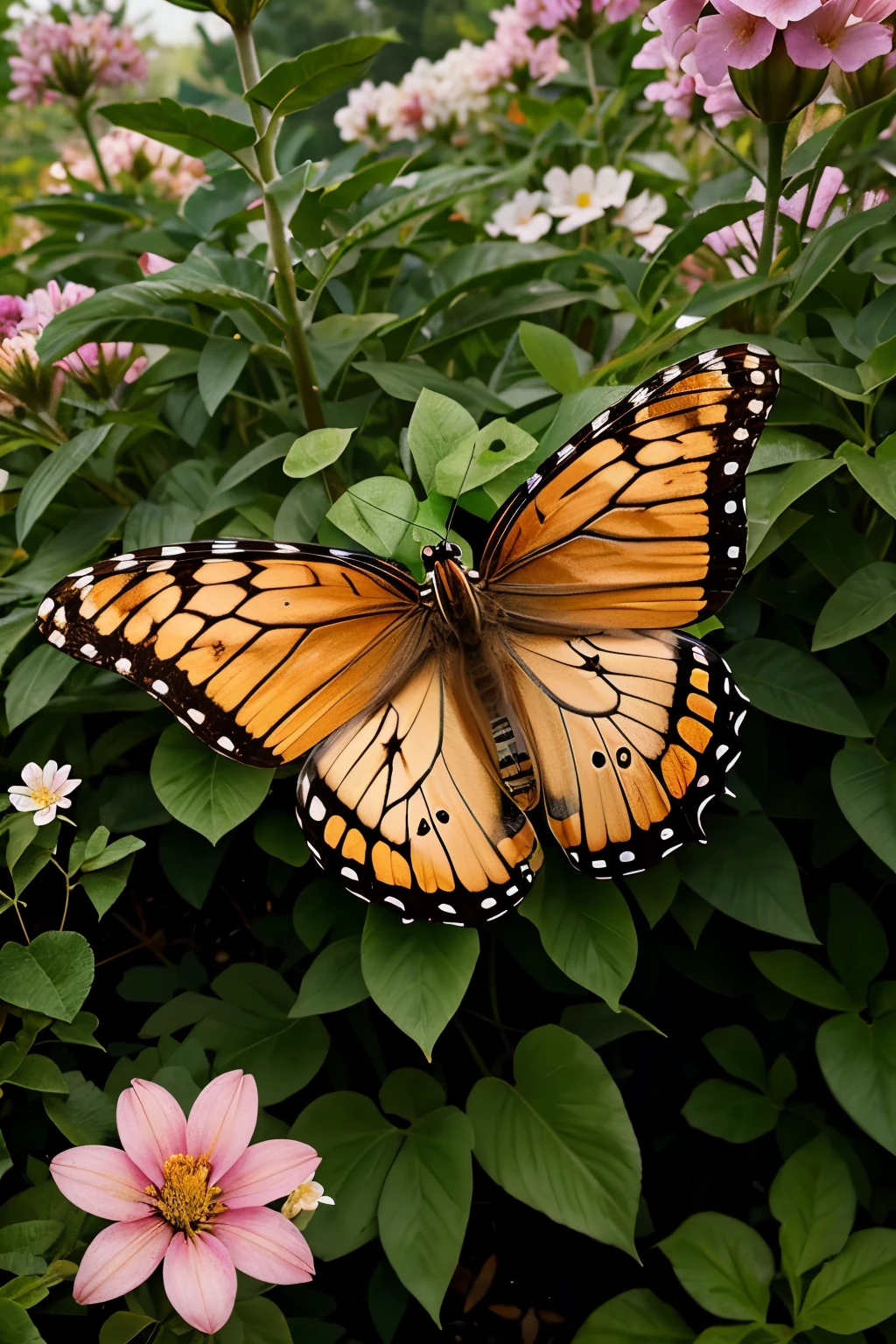 . In a beautiful flower garden, a royal princess was seen flying low with wings like a butterfly.  Butterflies of various sizes and colors were also seen surrounding the king's puten.  Depict the situation from a close-up with an