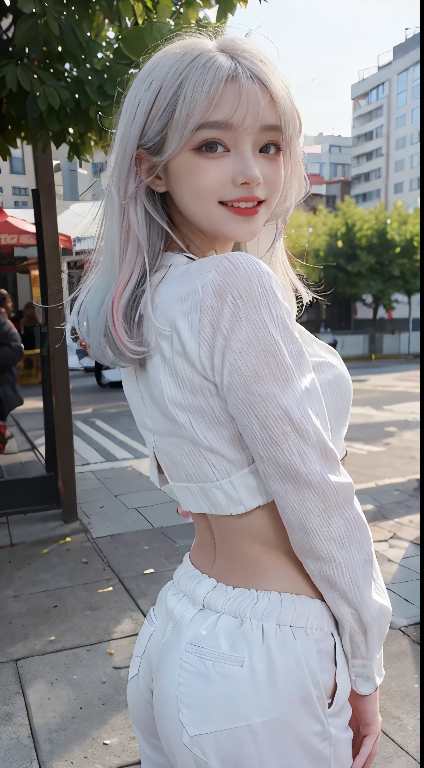 Best image quality、RAW Photos、超A high resolution、21 years old Korean、Small breasts、Dynamic Angle、Cowboy Shot、Chaos in its most beautiful form、elegant、Brutalist Design、Vibrant colors、Beautiful white hair、Short Bob、smile、fun、smile、Glowing White Skin、Beautiful eyes with random colors、Very thin lips、Beautiful eyes in every detail、 Narrow eyes、Cheeks are pale pink、Eyelash length、Beautiful double eyelids、eye shadow、Bright white hair、Black crop top、Lightweight see-through jacket、Transparent Top、Harem pants、Large park、Cafe、Shooting from the rear、turn around、The wind is blowing、Hair fluttering、Hand gestures