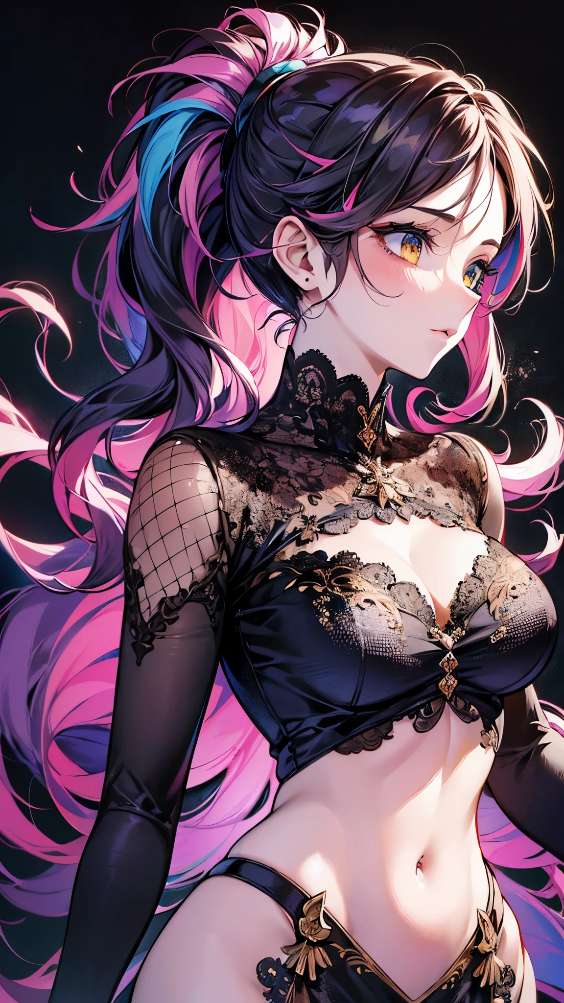 ((highest quality)),(Ultra-high resolution),(Very detailed),(Detailed Description),((The best CG)),(A masterpiece),Ultra-detailed art,Amazing drawing art,(Art with precise details:1.5),((Extremely colorful:1.7), (Woman wearing a cropped dress:1.6),(Beautiful and well-proportioned face:1.4),(ponytail:1.5),(Slim abdomen:1.4),(Deep slit long skirt:1.4),