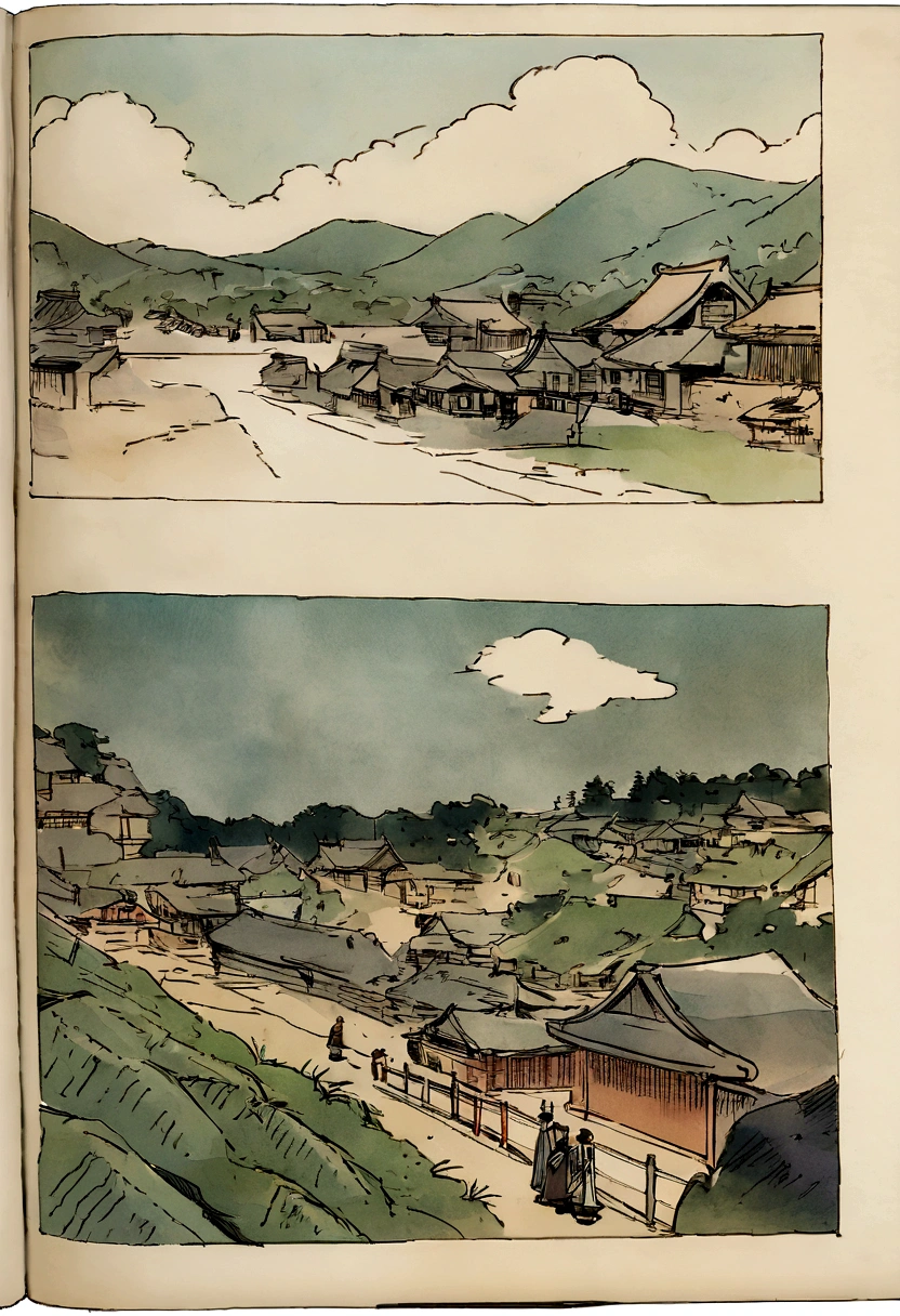 Various images of Japanese villages and battlefields from the Ninja era, in a children's book style